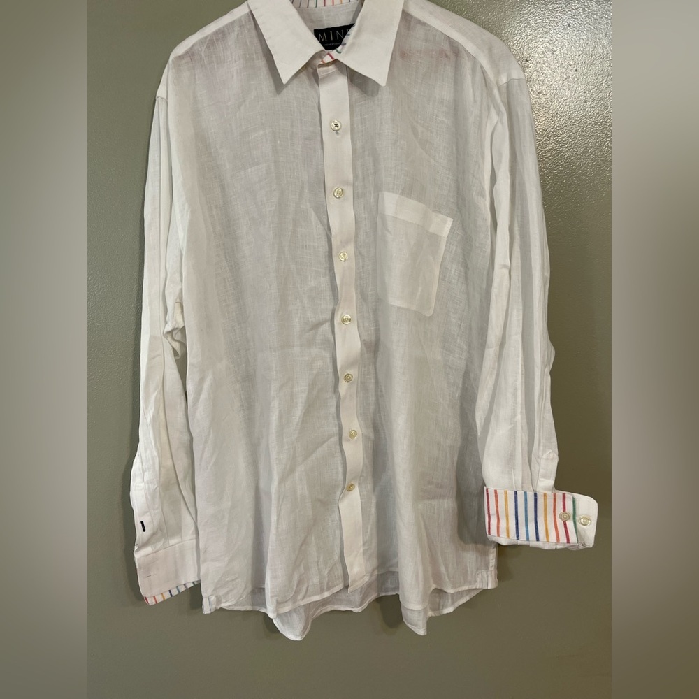Mine Men’s White  100% Linen Shirt with Striped Collar Beach Resort XL New